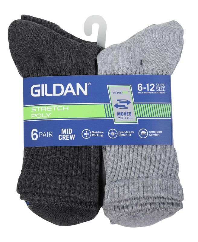 Photo 1 of Men’s Gildan 6pk Mid Crew Socks Size 6-12 (Grey & Heather Grey) Stretch Poly
