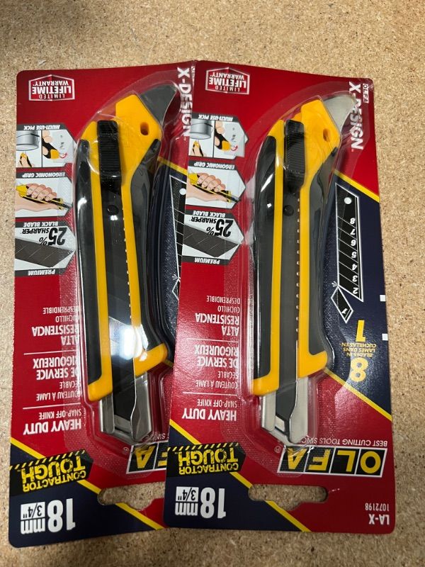 Photo 3 of 2 PCKS OF 18MM OLFA® LA-X Fiberglass Rubber Grip Utility Knife - Black/Yellow 8 BLADES INCLUDED