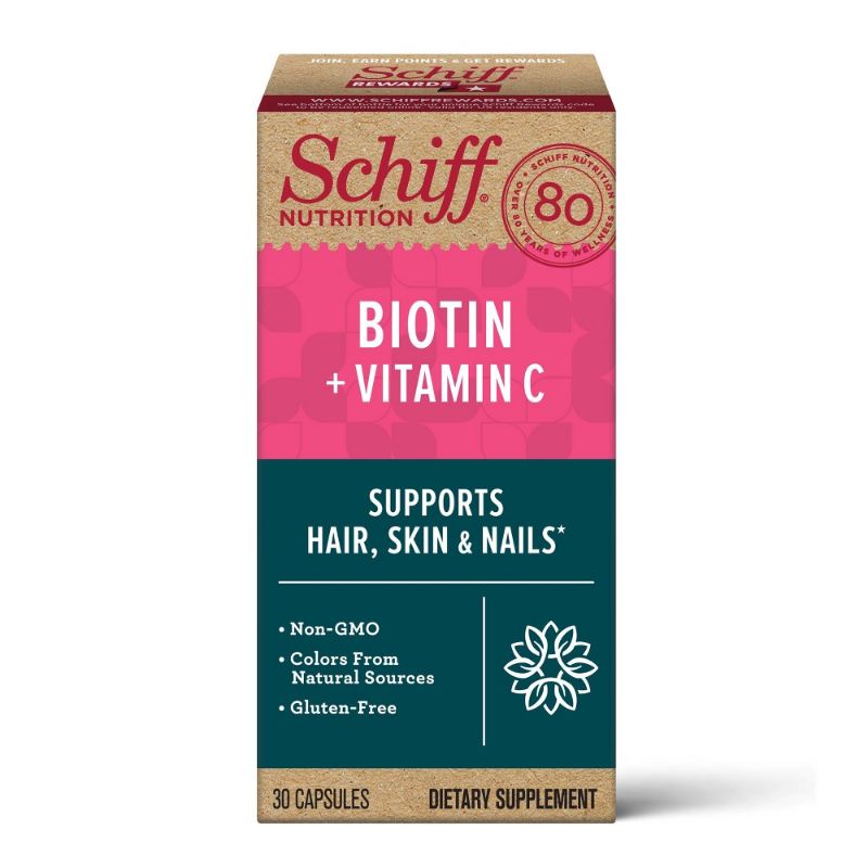 Photo 1 of (2 Pack) Schiff Biotin + Vitamin C Capsules (30 Count), Gluten-Free & Non-GMO Supplement That Supports Hair, Skin & Nails and Natural Collagen Product
