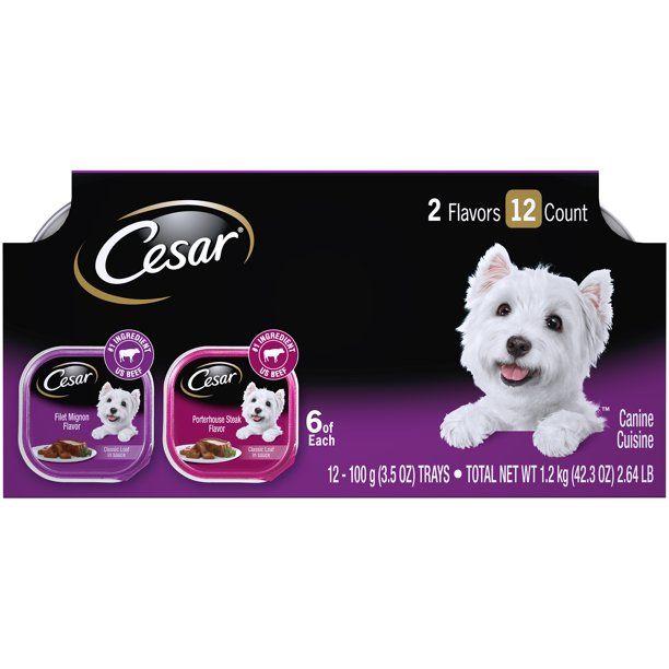Photo 1 of **EXPIRES 12/02/2022** (24 Pack) CESAR Soft Wet Dog Food Classic Loaf in Sauce Filet Mignon and Porterhouse Steak Flavors Variety Pack, 3.5 oz. Easy Peel Trays