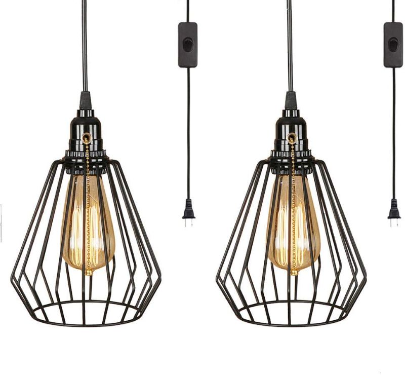 Photo 1 of **LIGHTBULBS NOT INCLUDED** EFINEHOME 2 Pack 1 Light Hanging Swag Lamp with Plug in 15 Ft Cord On/Off Switch with Pull Chain- Black Industrial Vintage Cage Pendant Light (Lampshade Umbrella)
