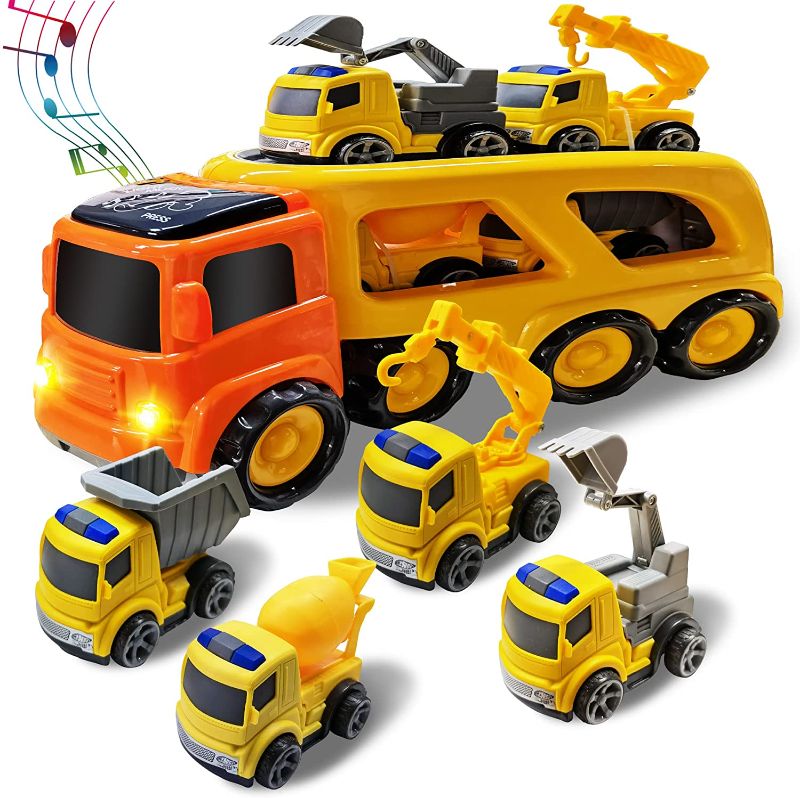 Photo 1 of PLASUPPY Construction Truck Toys for 1 2 3 4 5 6 Year Old Boys,Kids Toys Truck for Toddler Boys Girls,5 in 1 Friction Power Construction Toys Car Carrier Vehicle with Sound and Light
