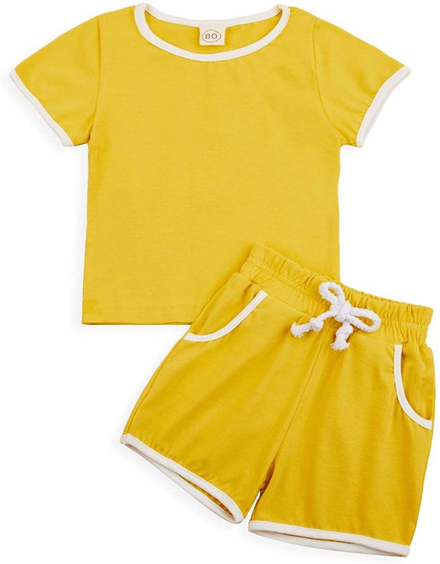 Photo 1 of PACK OF 2- 
Baby Girl Boy Clothes Infant Short Sleeve T-Shirt Tops+Pants Solid Color 2Pcs Coming Home Summer Outfit, 100, YELLOW
