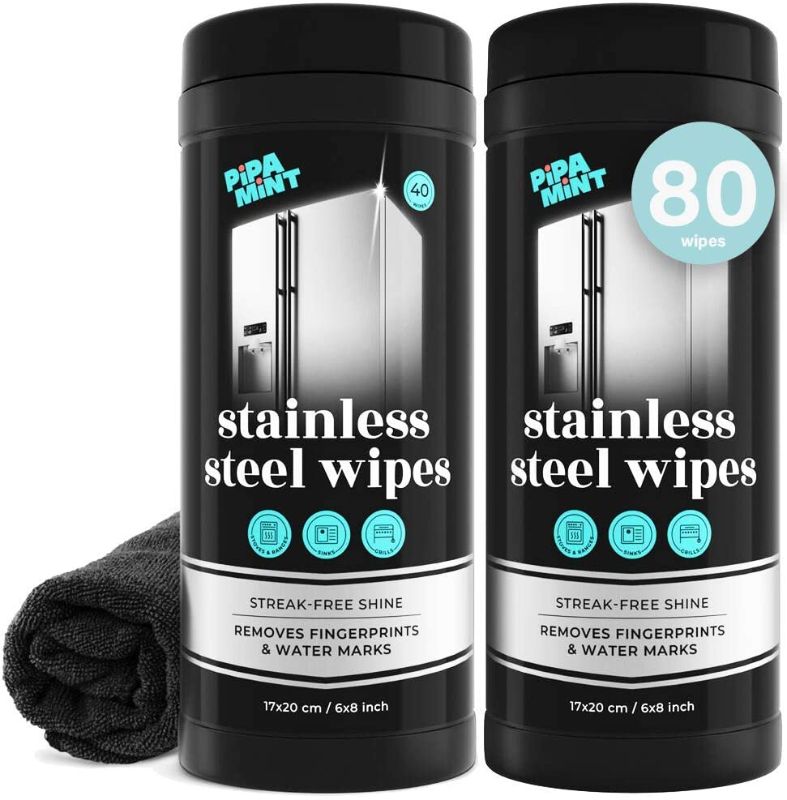 Photo 1 of .Stainless Steel Cleaner Wipes - (2 Pack x 40) Stainless Steel Cleaner Kit - Removes Fingerprints, Streaks & Watermarks for Refrigerators, Ovens, Grills & Dishwashers - Includes Microfiber Cloth
