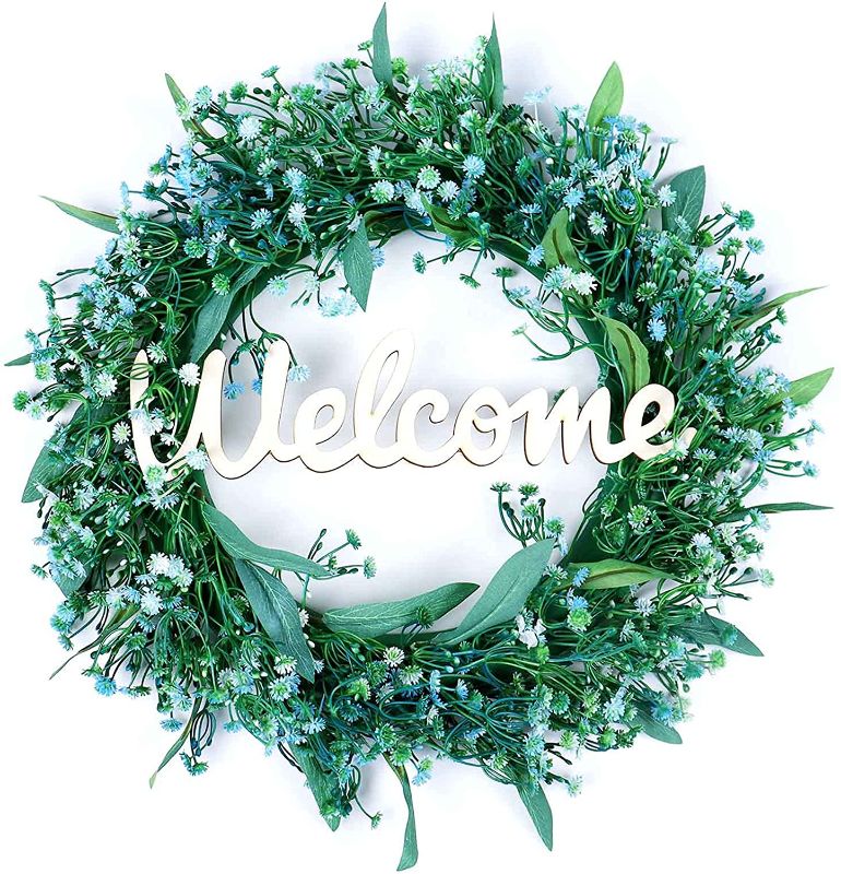 Photo 1 of 17 Inch Front Door Wreath, Blue Gypsophila Welcome Wreaths for Front Door, Eucalyptus Wreath Spring Summer for Wall Window Farmhouse Decor
