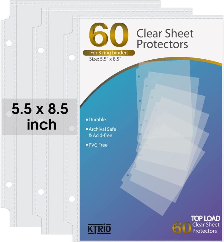 Photo 1 of ** SETS OF 2**
KTRIO Heavyweight Sheet Protectors 5.5 x 8.5 inch, Clear Page Protectors for Mini 3 Ring Binder, Plastic Sleeves for Binders, Top Loading Paper Protector, 60 Pack
