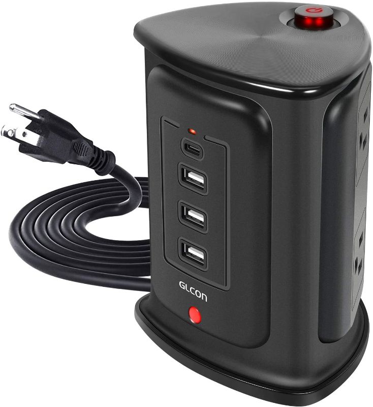 Photo 1 of Power Strip Tower with USB Ports – GLCON Triangle Power Strip with Surge Protection Multi Outlets Plug (4 AC Outlet, 3 USB-A, 1 Type-C Port) – Power Surge Protector Charging Station
