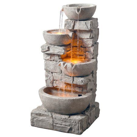 Photo 1 of **MISSING PARTS**LIGHT WARE*Teamson Home - Outdoor Stacked Stone Tiered Bowls Fountain W/ LED Light
