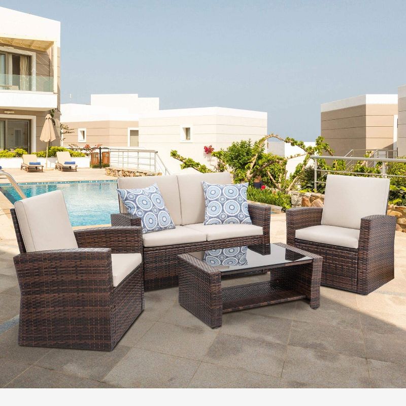 Photo 1 of ***SIMILAR TO POSTED ITEM IN PHOTO* READ BELOW*  4-Piece Outdoor Patio Furniture Set, Wicker Rattan Sectional Sofa Couch with Glass Coffee Table | Brown
