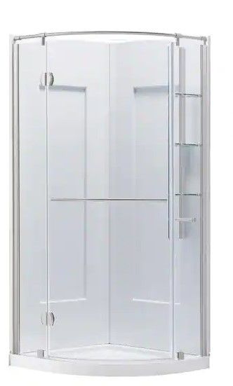 Photo 1 of **INCOMPLETE BOX 1 OUT OF 3* SHOWER BASE ONLY *Glacier Bay
Glamour 34 in. x 76.40 in. Corner Drain Corner Shower Kit in Satin Nickel and White