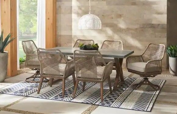 Photo 1 of **MINOR DAMAGE** Hampton Bay
Haymont 7-Piece Steel Wicker Outdoor Dining Patio Set with Beige Cushions