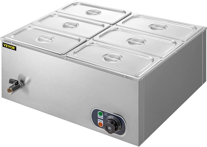 Photo 1 of **does not turn on** VEVOR 110V 6-Pan Commercial Food Warmer, 1200W Electric Steam Table 15cm/6inch Deep, Professional Stainless Steel Buffet Bain Marie 32 Quart Capacity for Catering and Restaurants
