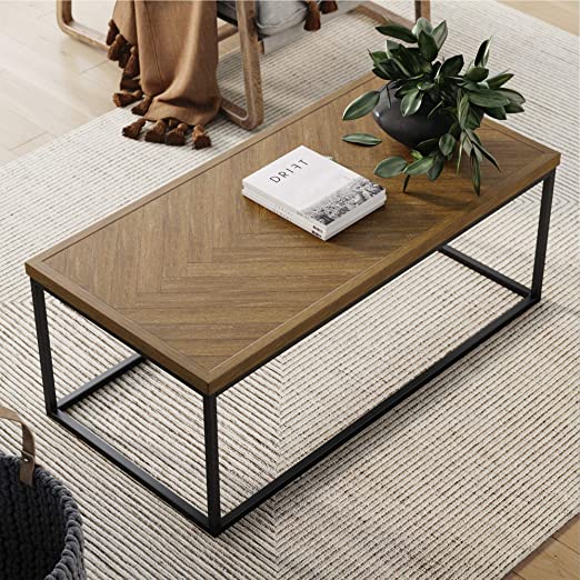 Photo 1 of Nathan James Doxa Modern Industrial Coffee Table Wood in Herringbone Pattern and Metal Box Frame, Light Brown/Black
