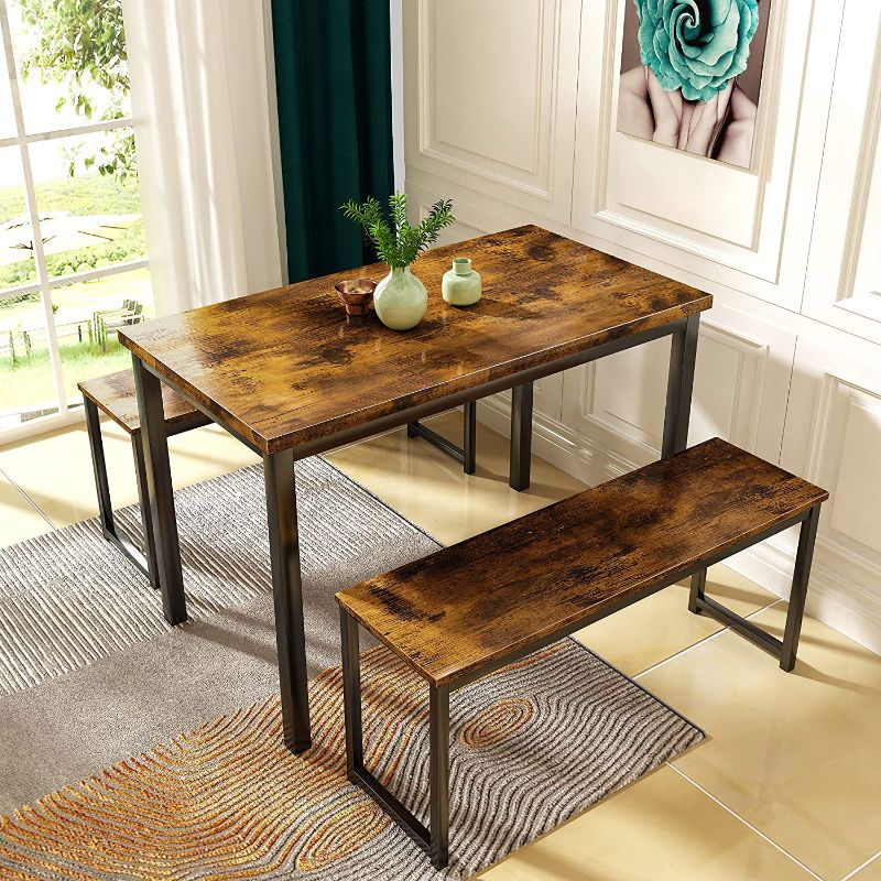 Photo 1 of AWQM Dining Room Table Set, Kitchen Table Set with 2 Benches, Ideal for Home, Kitchen and Dining Room, Breakfast Table of 43.3x23.6x28.5 inches, Benches of 38.5x11.8x17.5 inches, Rustic Brown
