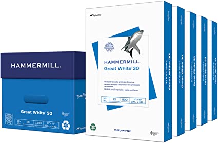 Photo 1 of Hammermill Printer Paper, Great White 30% Recycled Paper, 11 x 17-5 Ream (2,500 Sheets) - 92 Bright, Made in the USA, 086750C
