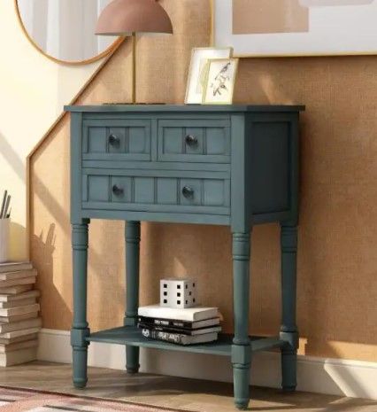 Photo 1 of GODEER Narrow 24 in. Navy Standard Rectangle Wood Console Table with 3 Storage Drawers and Bottom Shelf for Living Room