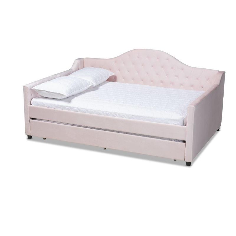 Photo 1 of **INCOMPLETE**Baxton Studio Perry Modern and Contemporary Light Pink Velvet Fabric Upholstered and Button Tufted Full Size Daybed with Trundle**BOX 1 OF 4 ONLY*CONTAINS ARM AND SLATS**
