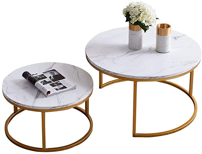 Photo 1 of UNIE Modern Nesting Coffee Table Set of 2, Round Accent Coffee Table with Faux Marble Wood Top & Gold Metal Frame for Living Room, Office, Balcony
