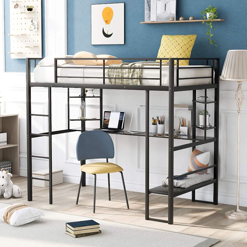 Photo 1 of **box one only** Merax Bed with Long Desk and Shelves, Metal Frame Loft, Twin, Black
