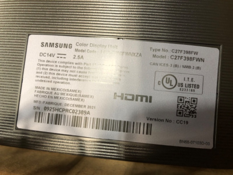 Photo 1 of SAMSUNG 27" Class CF398 Curved (1920 X 1080) LED Monitor - LC27F398FWNXZA
