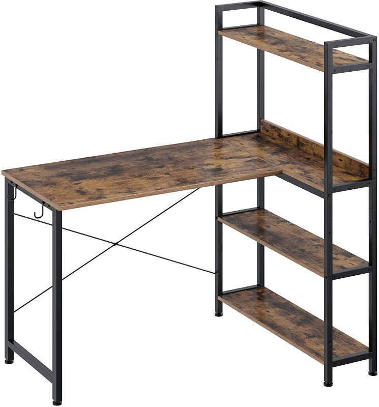 Photo 1 of Rolanstar Computer Desk with Storage Shelves 47", Home Office Desk with 4-Tier Reversible Bookshelf, Rustic Writing Table Workstation, Study Corner Desk for Small Space, Rustic Brow