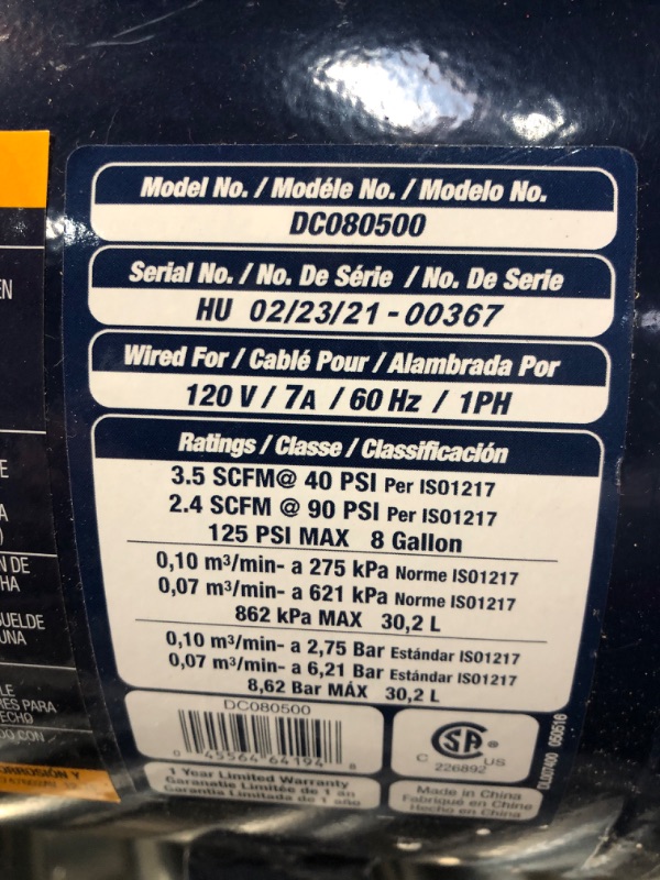 Photo 3 of (FOUND LOOSE HARDWARE BOTTOM OF PACKAGE; SCRATCHES) 
Campbell Hausfeld
8 Gal. Electric Quiet Hot Dog Air Compressor