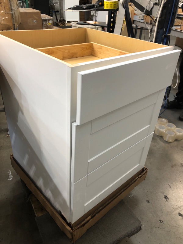 Photo 2 of (DENTED OUTER EDGE) 
Hampton Bay Shaker Satin White Stock Assembled Drawer Base Kitchen Cabinet with Drawer Glides (24 in. x 34.5 in. x 24 in.)