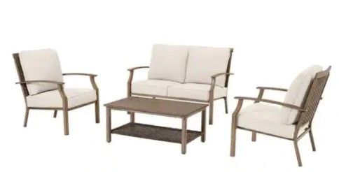 Photo 1 of (SCRATCHED METAL TABLE SURFACE) 
Hampton Bay Geneva Brown 4-Piece Wicker Outdoor Patio Conversation Deep Seating Set with Almond Tan Cushions