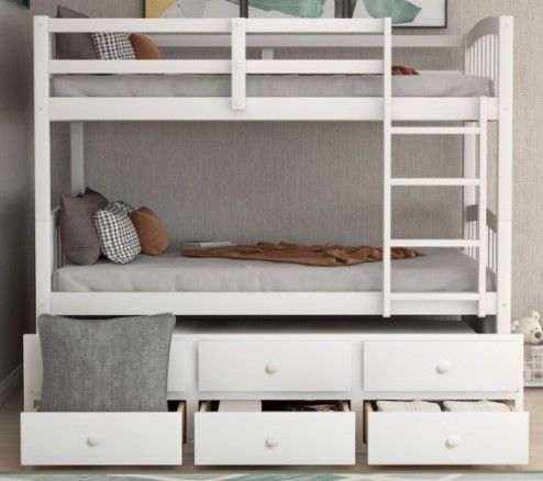 Photo 1 of (INCOMPLETE) 
(BOX 1OF3) 
(REQUIRES BOX2&3 FOR COMPLETION) 
Twin Over Twin Bunk Bed with Ladder, Safety Rail, Twin Trundle Bed with 3 Drawers,Kids,Teens Bedroom Furniture(White)
