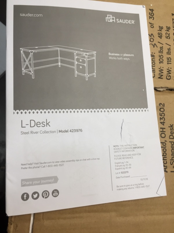 Photo 1 of Sauder? Steel River 59-7/8"W L-Shaped Desk, Carbon Oak
