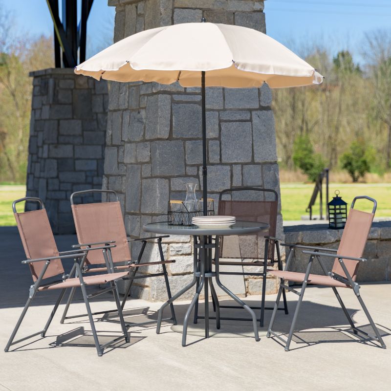 Photo 1 of ***PARTS ONLY***, ***INCOMPLETE***
Flash Furniture Nantucket 6 Piece Patio Garden Set with Table, Umbrella and 4 Folding Chairs - Brown/Tan

