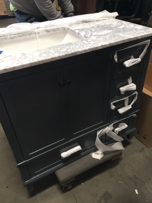 Photo 1 of ***DAMAGED***
Home Decorators Collection Merryfield 37 in. W X 22 in. D X 35 in. H Bathroom Vanity in Dark Gray with Carrara White Marble Top
