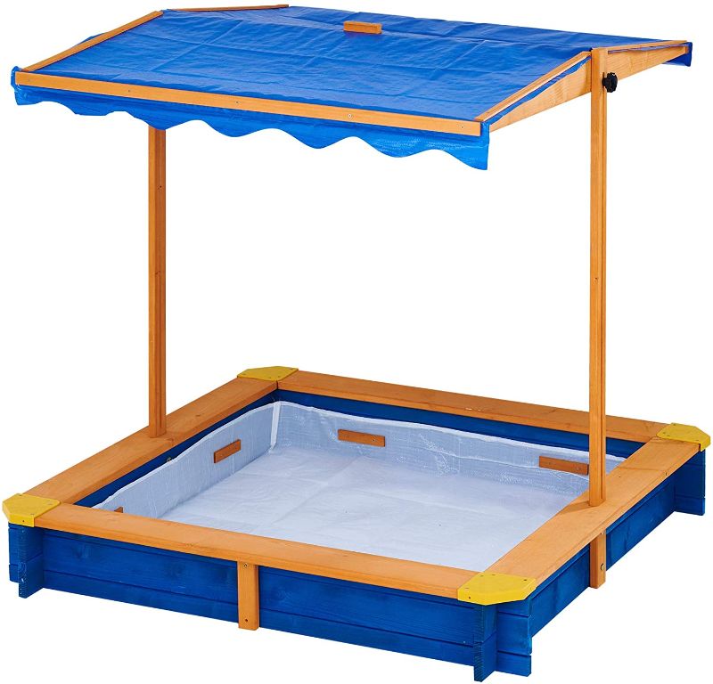 Photo 1 of Teamson Kids - Wooden Outdoor Kids Sandbox Toys with Canopy for Garden, Backyard, Natural/Blue
