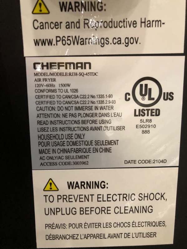 Photo 3 of TESTED TURNS ON*
CHEFMAN Air Fryer Healthy Cooking, 4.5 Qt,User Friendly and Dual Control Temperature, Nonstick Stainless Steel, Dishwasher Safe Basket, w/ 60 Minute Timer & Auto Shutoff
