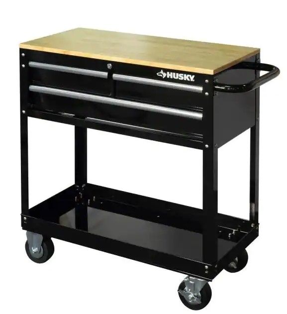 Photo 1 of ***NO BOX***
Husky
36 in. W x 17 in. D Standard Duty 3-Drawer Rolling Tool Cart with Hardwood Top in Gloss Black