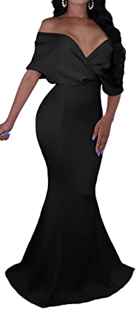 Photo 1 of GOBLES Women Sexy V Neck Off The Shoulder Evening Gown Fishtail Maxi Dress
