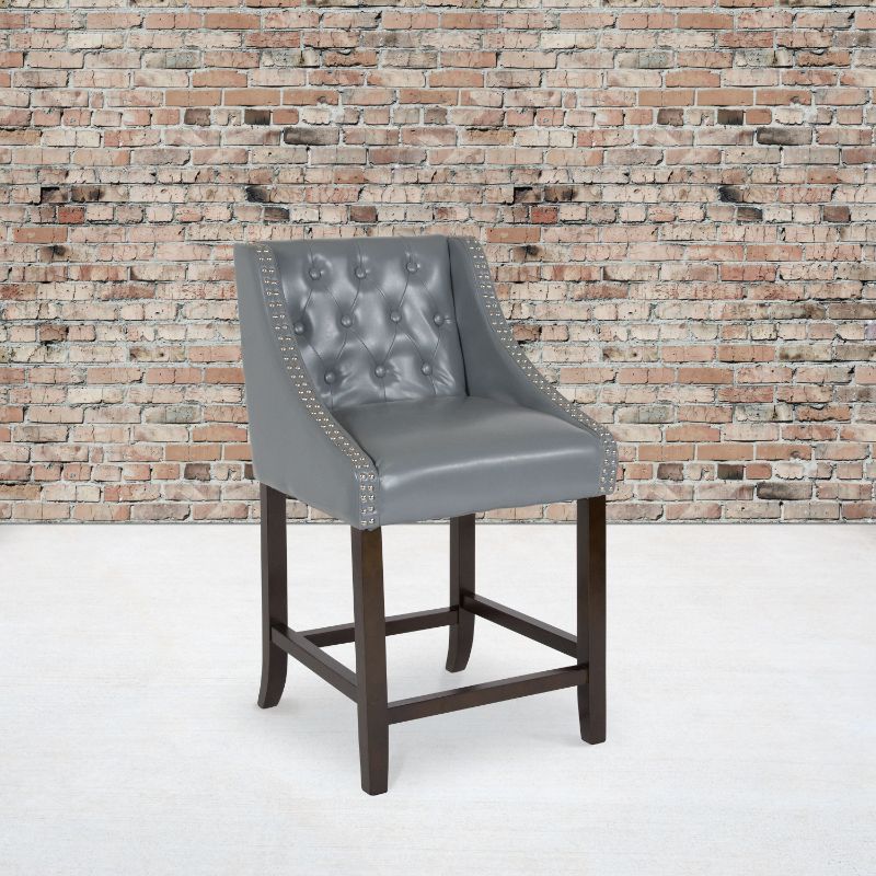 Photo 1 of ***MISSING LEGS***CH-182020-T-24-LTGY-GG 24 in. Carmel Series High Transitional Tufted Walnut Counter Height Stool with Accent Nail Trim - Light Gray Leather
