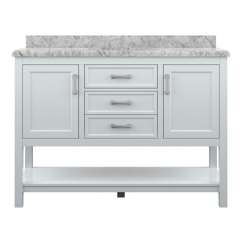 Photo 1 of ***DAMAGE SHOWN IN PICTURE***  Home Decorators Collection Everett 49 in. W X 22 in. D Vanity Cabinet in White with Carrara Marble Vanity Top in White with White Basin
