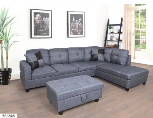Photo 1 of ***INCOMPLETE, BOX 2 OF 3***3 PC Sectional Sofa Set, Gray Linen Right -Facing Chaise with Free Storage Ottoman
