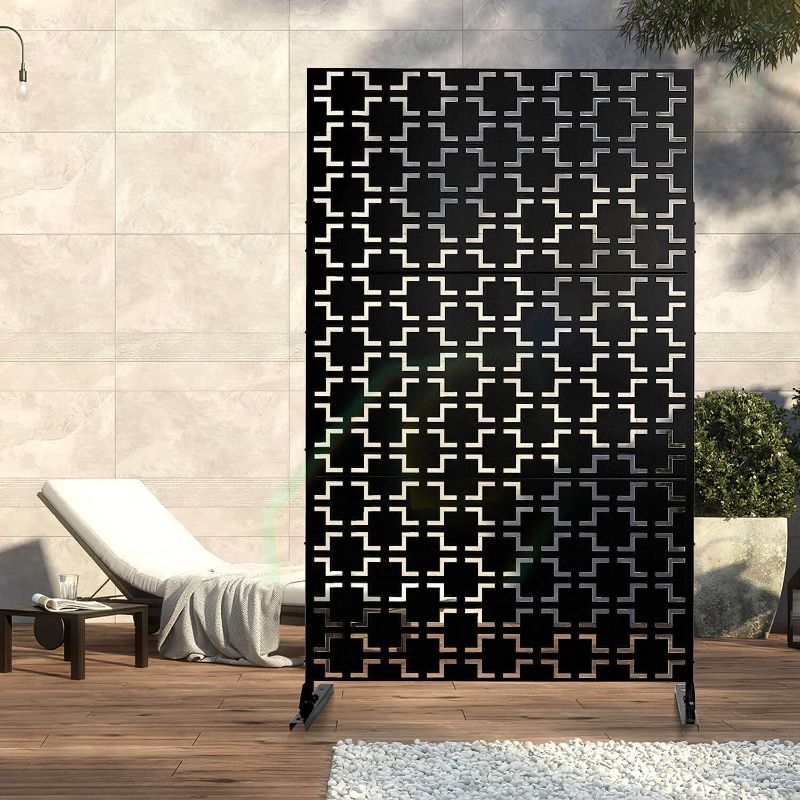 Photo 1 of ***HARDWARE LOOSE IN BOX*** Patio Privacy Screen Balcony Decorative Screen Set with Stand, Outdoor Decor Privacy Fence Screen, Indoor Room Decorative Divider (Square-Black)
