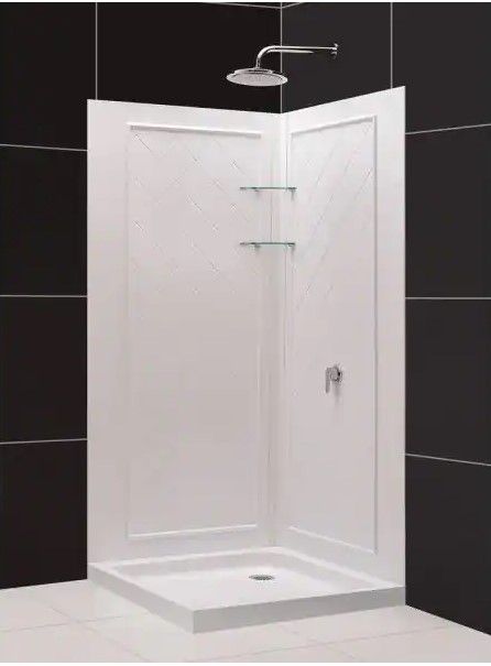 Photo 1 of ****MISSING BOTTOM DRAIN** 32 in. D x 32 in. W x 76-3/4 in. H Shower Kit in White SlimLine Shower Base and Backwall Kit
