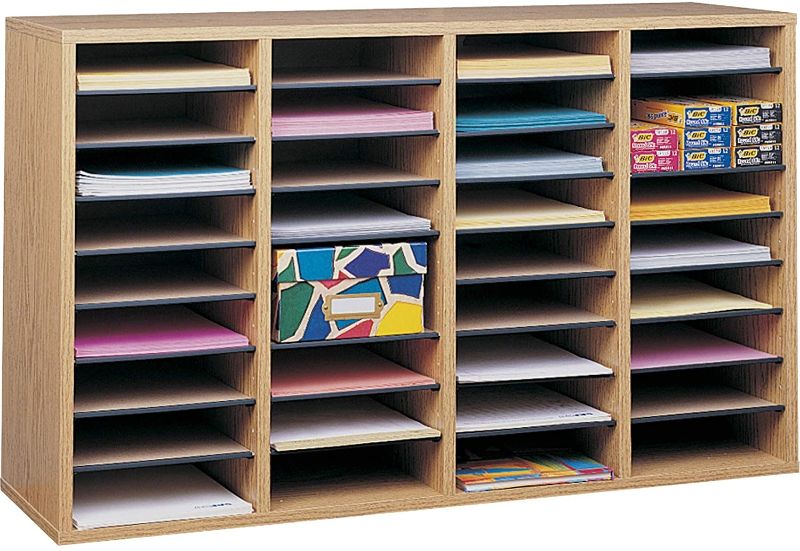 Photo 1 of Safco Products Wood Adjustable Literature Organizer, 36 Compartment 9424MO, Medium Oak, Durable Construction, Removable Shelves, Stackable,Light Brown
