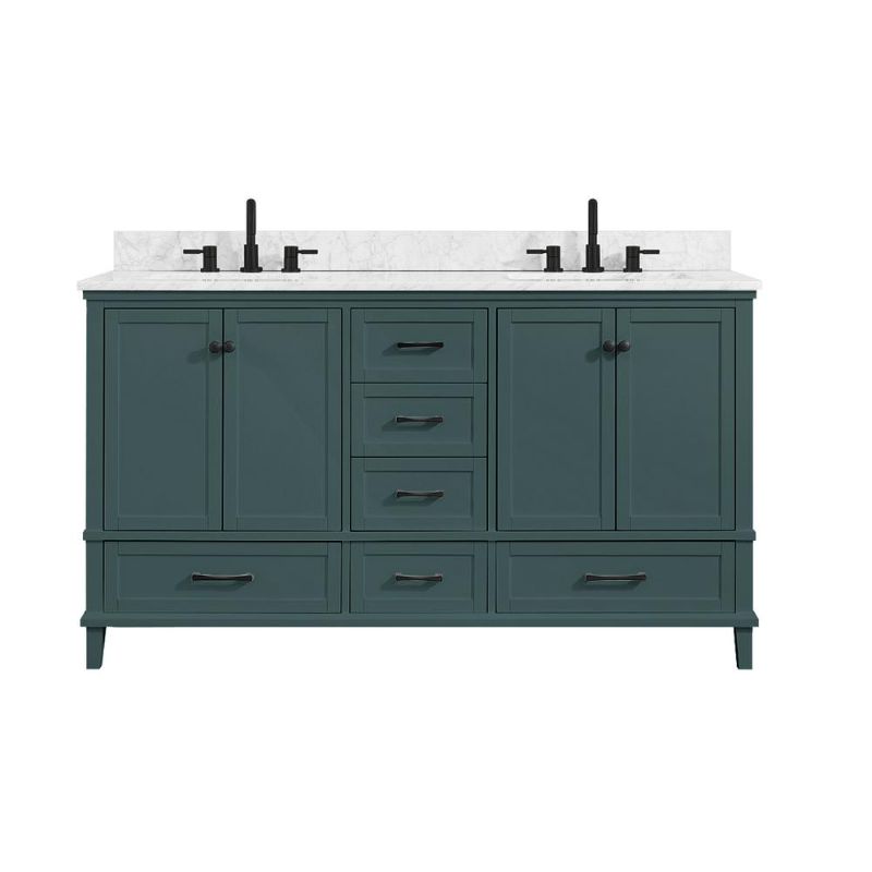 Photo 1 of "**BACK PANEL ON BATHROOM VANITY IS BROKEN IN 2 DIFFERENT AREAS, REFER TO PHOTO,LEFT CABINET DOORS CAVE INWARD, COUNTER ON RIGHT SIDE SINK HAS TWO ULTRA FINE FRACTURES**
Merryfield 61 in. W x 22 in. D x 35 in. H Bathroom Vanity in Antigua Green with Carra