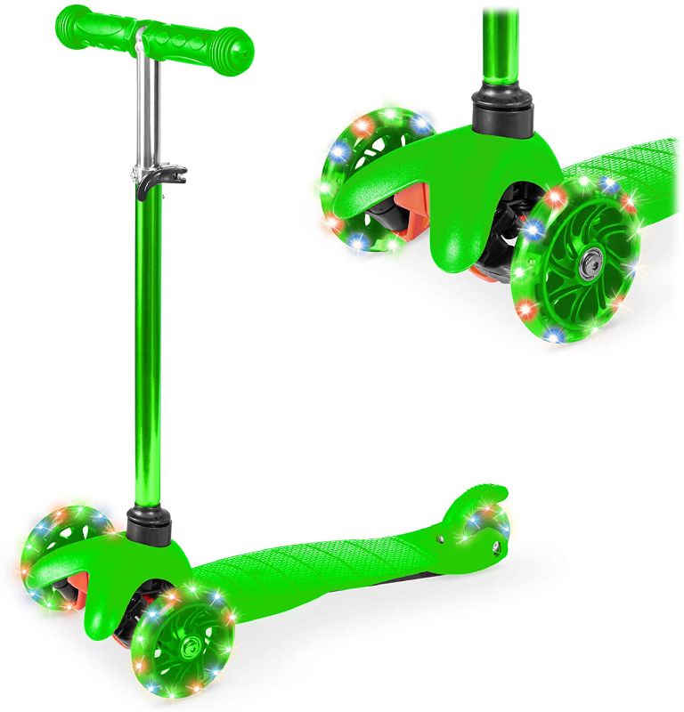 Photo 1 of Best Choice Products Kids Mini Kick Scooter Toy w/ Light-Up Wheels, Height Adjustable T-Bar, Foot Break - Green
