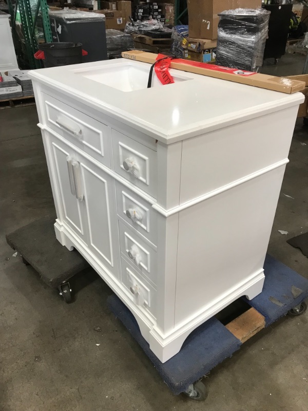 Photo 3 of *SEE last picture for damage* 
Home Decorators Collection Melpark 36 in. W X 22 in. D Bath Vanity in White with Cultured Marble Vanity Top in White with White Sink
