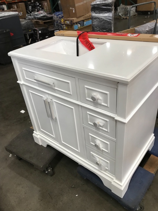 Photo 2 of *SEE last picture for damage* 
Home Decorators Collection Melpark 36 in. W X 22 in. D Bath Vanity in White with Cultured Marble Vanity Top in White with White Sink
