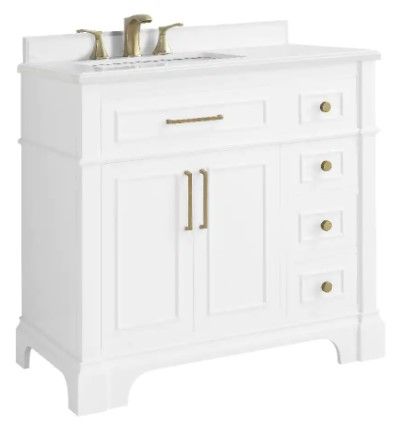 Photo 1 of *SEE last picture for damage* 
Home Decorators Collection Melpark 36 in. W X 22 in. D Bath Vanity in White with Cultured Marble Vanity Top in White with White Sink
