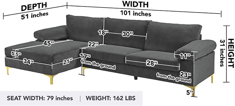 Photo 1 of *box 1 of 2, NOT COMPLETE*
Casa Andrea Milano llc Modern Large Velvet Fabric Sectional Sofa Couch with Extra Wide Chaise Lounge with Golden Legs, L Shaped, Dark Grey
