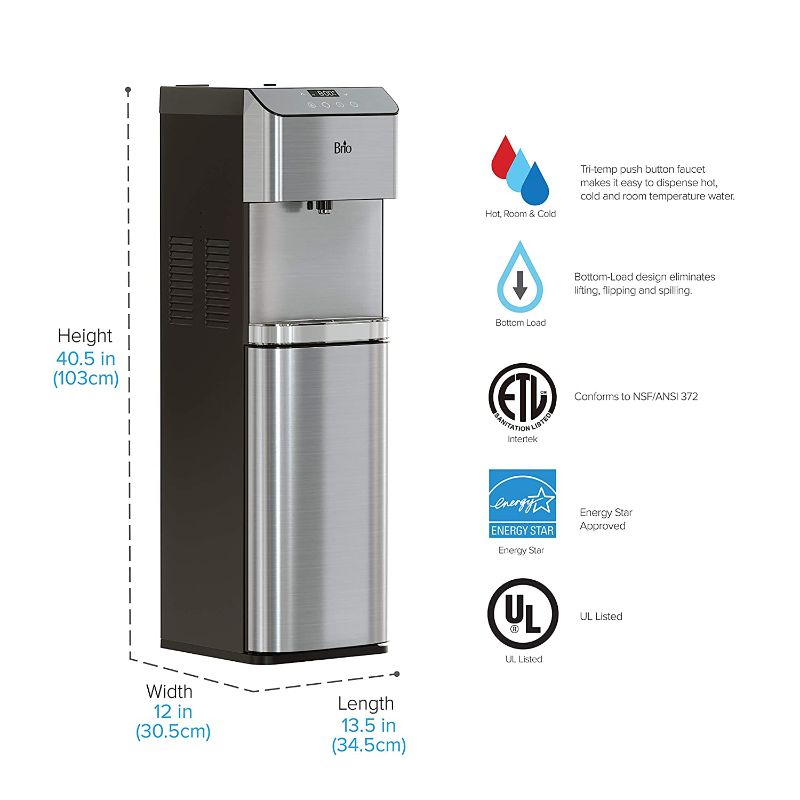 Photo 1 of *SEE last picture for damage* 
Brio Moderna Bottom Load Water Cooler Dispenser - Tri-Temp, Adjustable Temperature, Self-Cleaning, Touch Dispense, Child Safety Lock, Holds 3 or 5 Gallon Bottles, Digital Display and LED Light
