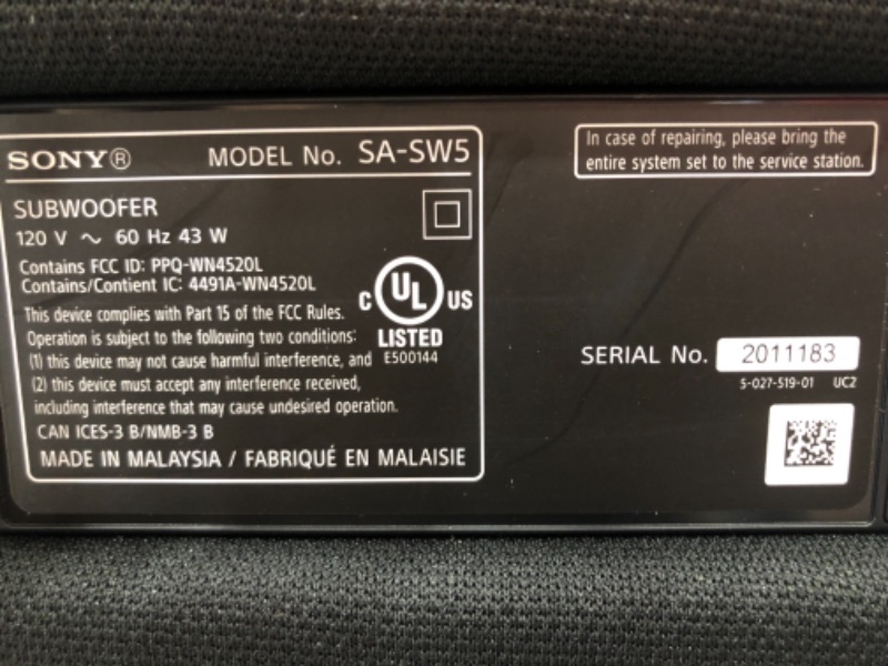 Photo 2 of Sony SA-SW5 300W Wireless Subwoofer for HT-A9/HT-A7000/HT-A5000